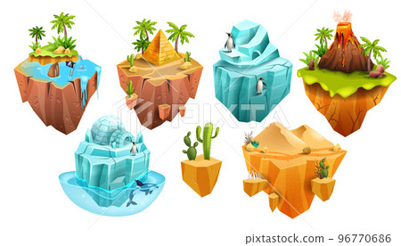 Game island, Egypt desert pyramid, vector isometric 3D floating land, jungle palm, iceberg, volcano 96770686