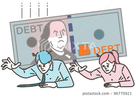被債務壓垮的男人和女人（100 美元鈔票）[矢量插圖素材] 96770921