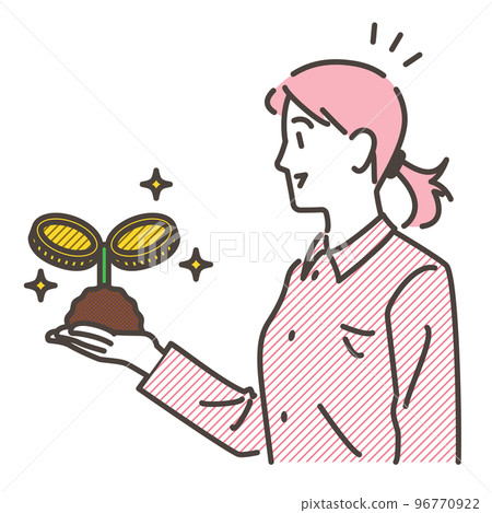 投資理念。手掌上有錢幣廠的女人[矢量圖素材] 96770922