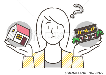 Single-family home or rental? A young woman worried about comparing real estate properties [vector illustration material] 96770927