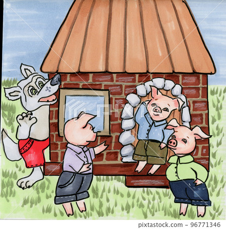 Watercolor hand drawn three pigs. Story. Illustrations and a cover. Book page. Fairy tale book. Cute and funny cartoon characters. perferct for books, post cards, posters. Old folk story for children 96771346