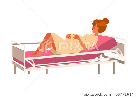 Young Pregnant Woman Lying on Hospital Bed Having Act of Delivery Vector Illustration 96771614