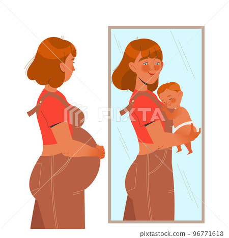 Preparation for Childbirth with Pregnant Woman Standing In Front of Mirror with Her Reflection Holding Baby Vector Illustration 96771618