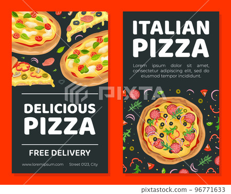 Delicious Italian pizza free delivery flyer template. Pizza shop business card, banner, promotional leaflet vector 96771633