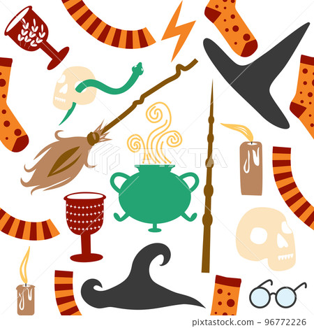 Witches school of magical objects seamless pattern in flat style Witches school of magical objects seamless pattern in flat style 96772226