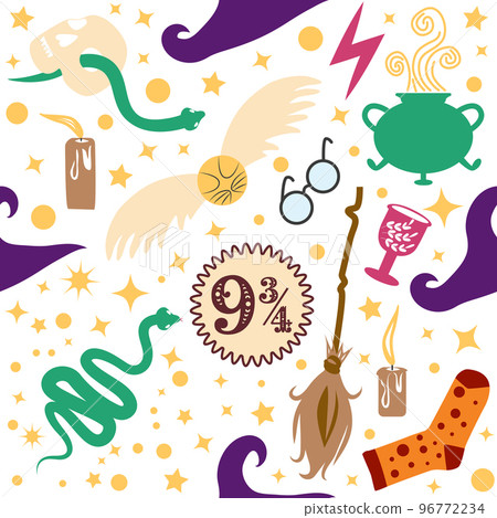 Witches school of magical objects seamless pattern in flat style Witches school of magical objects seamless pattern in flat style 96772234