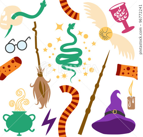 Witches school of magical objects seamless pattern in flat style 96772241