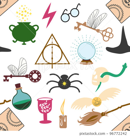 Magic items seamless pattern in flat style. School of Magic. Pumpkin, key, magic ball, feather, spider, purple hat, broom, skull, snake 96772242