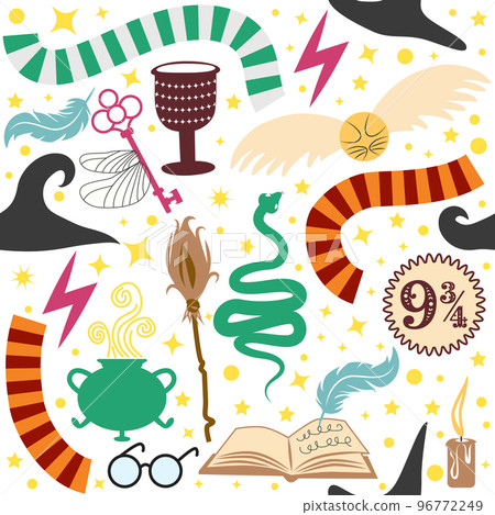 Magic items seamless pattern in flat style. School of Magic. Pumpkin, key, magic ball, feather, spider, purple hat, broom, skull, snake 96772249