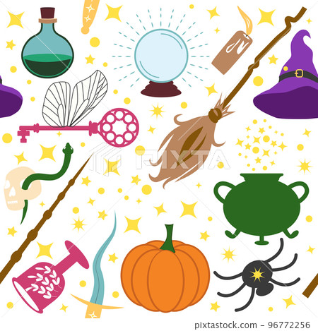Magic items seamless pattern in flat style. School of Magic. Pumpkin, key, magic ball, feather, spider, purple hat, broom, skull, snake Magic items seamless pattern in flat style. School of Magic. Pumpkin, key, magic ball, feather, spider, purple hat, broom, skull, snake 96772256