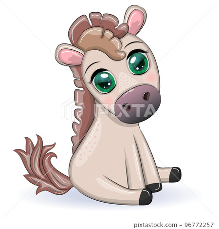 Cute cartoon horse, pony for card with flowers, balloons, heart Cute cartoon horse, pony for card with flowers, balloons, heart 96772257