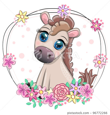 Cute cartoon horse, pony for card with flowers, balloons, heart 96772266