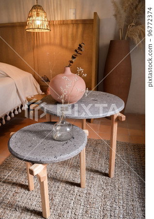 wooden furniture light and shadow, light wood credenza contrasting with light and shadow, vegetation 96772374