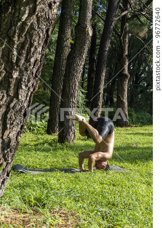 young man, doing yoga or reiki, in the forest very green vegetation, in mexico, guadalajara, bosque colomos, hispanic, 96772640