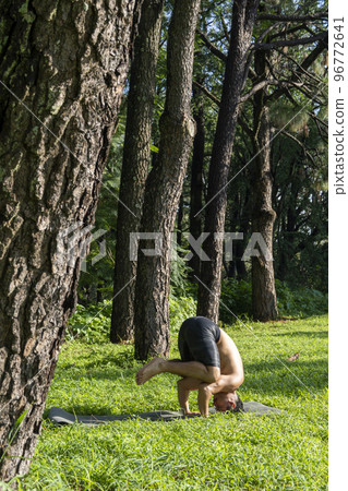 young man, doing yoga or reiki, in the forest very green vegetation, in mexico, guadalajara, bosque colomos, hispanic, 96772641