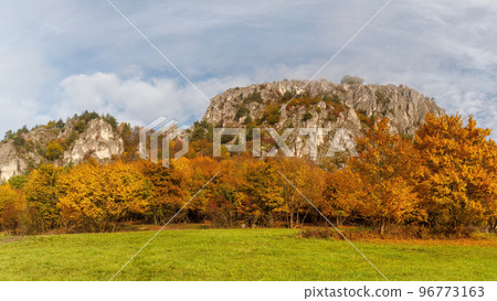 Mountain rocky landscape in autumn foggy morning. Mountain rocky landscape in autumn foggy morning. 96773163