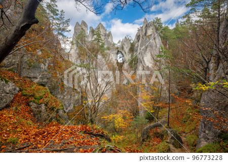 Autumn mountain landscape with rocky gate. Autumn mountain landscape with rocky gate. 96773228