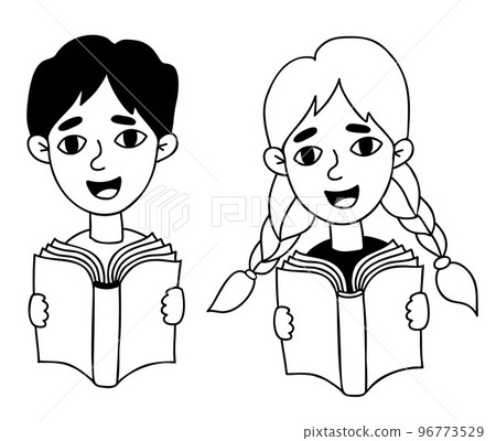 Portrait of schoolchildren. Cute boy and girl with book in their hands. Vector linear hand drawn doodle. Isolated child character for educational theme design and decoration. Portrait of schoolchildren. Cute boy and girl with book in their hands. Vector linear hand drawn doodle. Isolated child character for educational theme design and decoration. 96773529