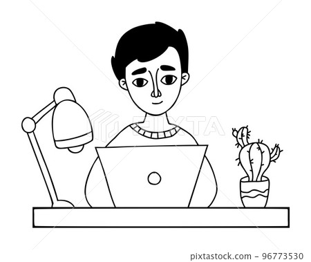 Portrait of man working at laptop at table with table lamp and cactus flowerpot. Vector illustration. linear hand drawn doodle. Male character student, pupil, office employee. 96773530