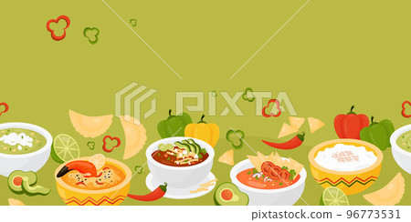 Seamless horizontal border with Latin American traditional food. Mexican dishs green puree soup and Tomato Soup with nachos, rice pudding and crab pie on green background. Vector illustration. Seamless horizontal border with Latin American traditional food. Mexican dishs green puree soup and Tomato Soup with nachos, rice pudding and crab pie on green background. Vector illustration. 96773531