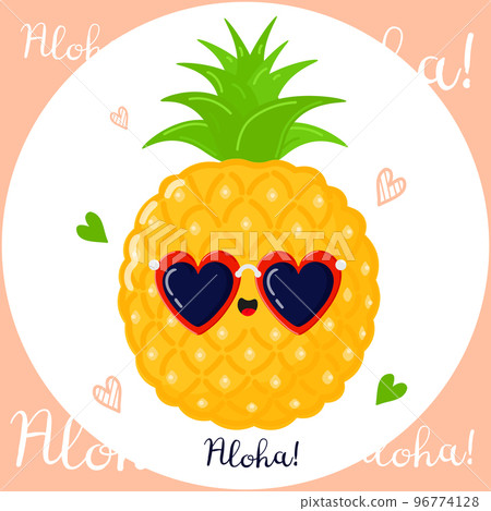 Cute funny pineapple character. Vector hand drawn cartoon kawaii character illustration icon. Isolated on background. Pineapple character concept. Aloha card 96774128