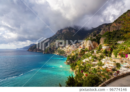 Touristic Town, Positano, on Rocky Cliffs and Mountain Landscape by the Sea. Amalfi Coast, Italy 96774146