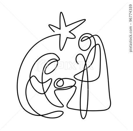Christmas Vector Christian icon religious Nativity Scene of baby Jesus with Mary Joseph and star. Continuous art line drawing, print and logo design, emblem one single line, isolated abstract 96774389