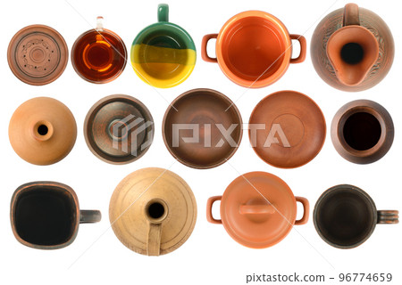 Collection of ceramic products top view isolated on white Collection of ceramic products top view isolated on white 96774659