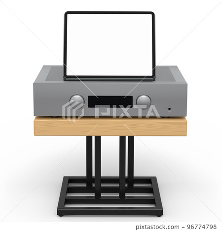 HiFi system with tablet and amplifier on stand for home theater on white. 96774798