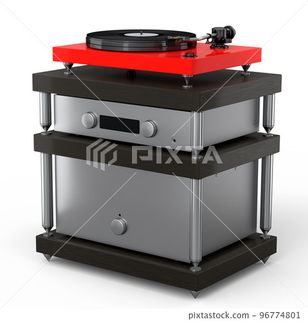 HiFi system with DJ turntable and amplifier on stand for home theater on white. 96774801
