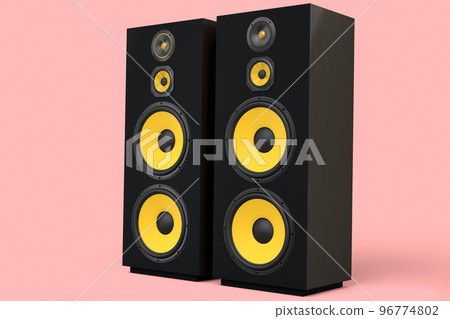 Hi-fi speakers with loudspeakers for sound recording studio on pink background. 96774802