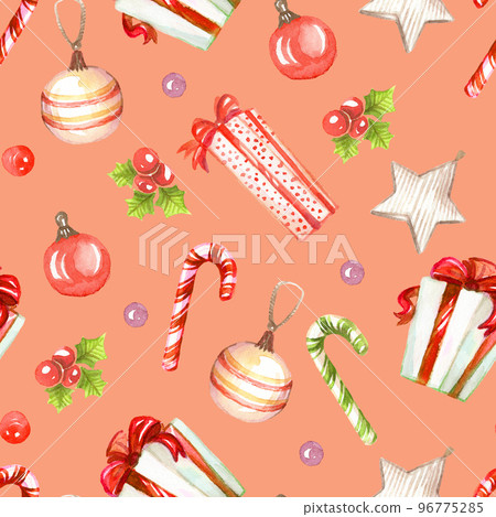Seamless pattern Christmas candies and gifts watercolor pink Seamless pattern Christmas candies and gifts watercolor pink 96775285