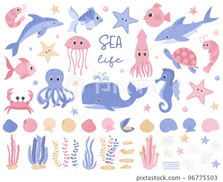 A set of cute cartoon fish. Whale, octopus, squid, turtle, shrimp. Collection of funny sea animals, algae, plants, rocks. Flat vector illustrations isolated on a white background. 96775503
