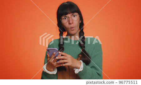 Tourist woman using smartphone show thumbs up like, positive feedback, recommends wifi connection 5G 96775511