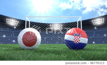 Two soccer balls in flags colors on stadium blurred background. Japan vs Croatia. 3d image 96776313