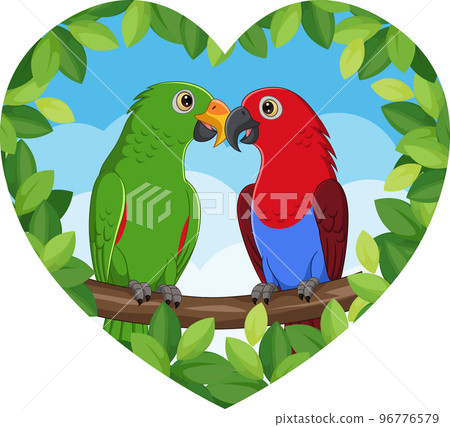 Cartoon Parrots Lovely Couple on Tree Branch 96776579