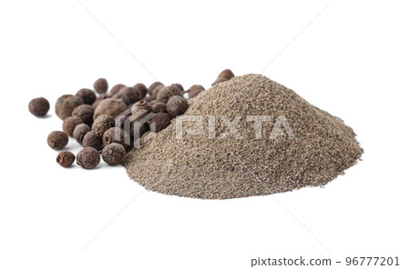 Spicy milled and whole black pepper isolated on white 96777201