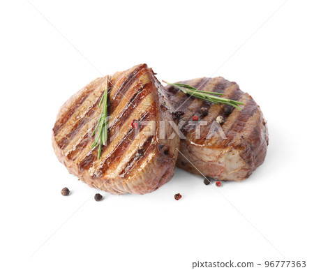 Delicious grilled beef medallions with rosemary and peppers mix isolated on white 96777363