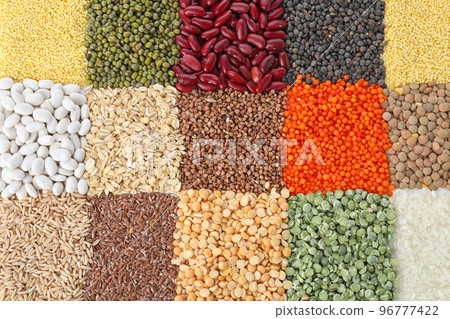 Different grains and cereals as background, top view Different grains and cereals as background, top view 96777422