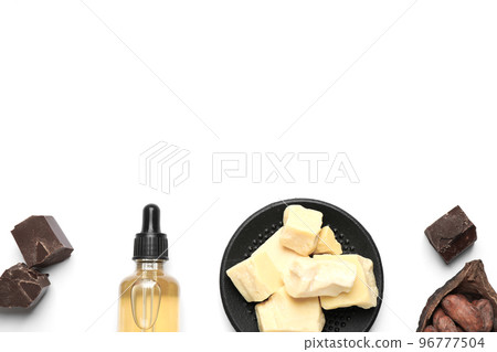 Composition with organic cocoa butter on white background, top view 96777504