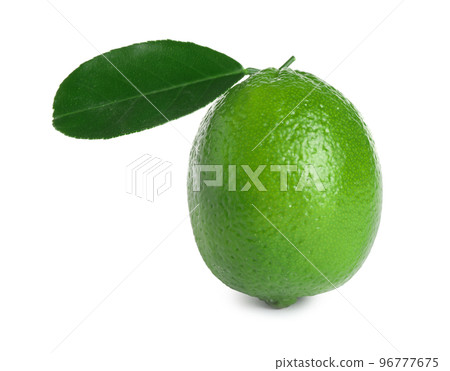 Fresh ripe lime with green leaf isolated on white Fresh ripe lime with green leaf isolated on white 96777675