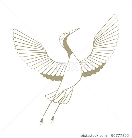 Crane illustration lucky charm beige line drawing 96777863