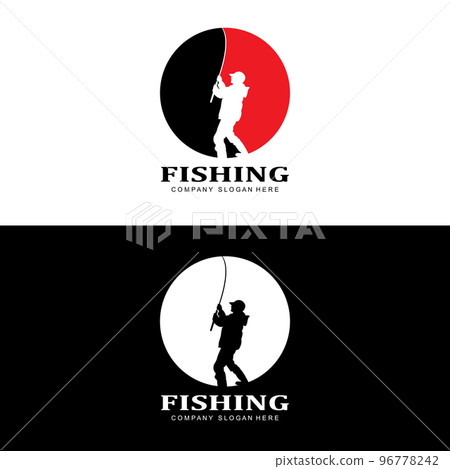 fishing logo icon vector, catch fish on the boat, outdoor sunset silhouette design fishing logo icon vector, catch fish on the boat, outdoor sunset silhouette design 96778242
