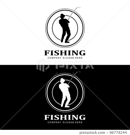fishing logo icon vector, catch fish on the boat, outdoor sunset silhouette design 96778244