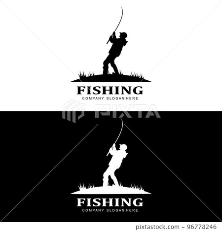 fishing logo icon vector, catch fish on the boat, outdoor sunset silhouette design 96778246