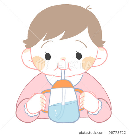 嬰兒（女孩）用吸管杯喝水 96778722