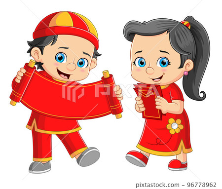 Boy and girl celebrating Chinese New Years of illustration Boy and girl celebrating Chinese New Years of illustration 96778962