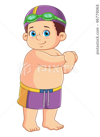 A fat boy warm-up for a swim of illustration 96779068