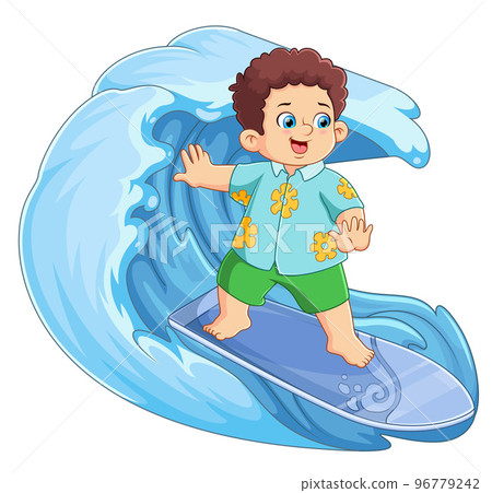 A Fat boy surfing on a big wave of illustration A Fat boy surfing on a big wave of illustration 96779242