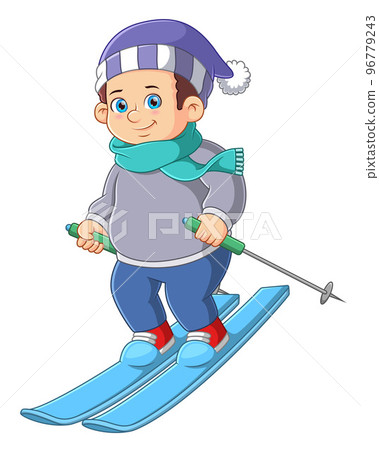 Young skier wearing waving scarf having fun gliding on snow of illustration Young skier wearing waving scarf having fun gliding on snow of illustration 96779243